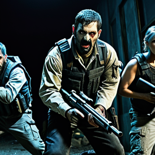 Home 24 **
"A group of four fully clothed players in a zombie survival game, strategically defending their fortified base at night. The scene shows barricaded windows, makeshift defenses, and characters with determined expressions, wielding various weapons. Appropriate attire, safe for work, focus on teamwork and resourcefulness. Professional, perfect anatomy, correct proportions, well-formed hands, natural poses, high quality, family-friendly."
**